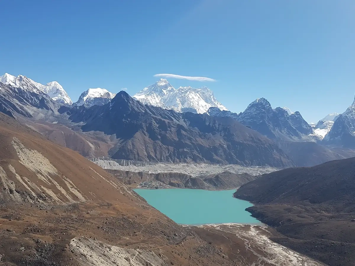 spectacular Himalayan panorama from Renjo La Pass—featuring Mount Everest, Gokyo Lakes, and the massive Ngozumpa Glacier in Nepal